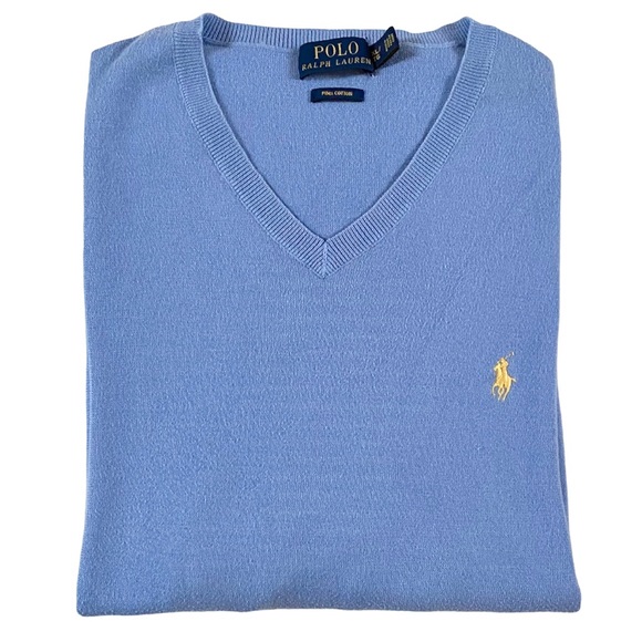 POLO RALPH LAUREN PIMA V-NECK SWEATER LIGHT BLUE SIZE X-LARGE - Picture 1 of 15